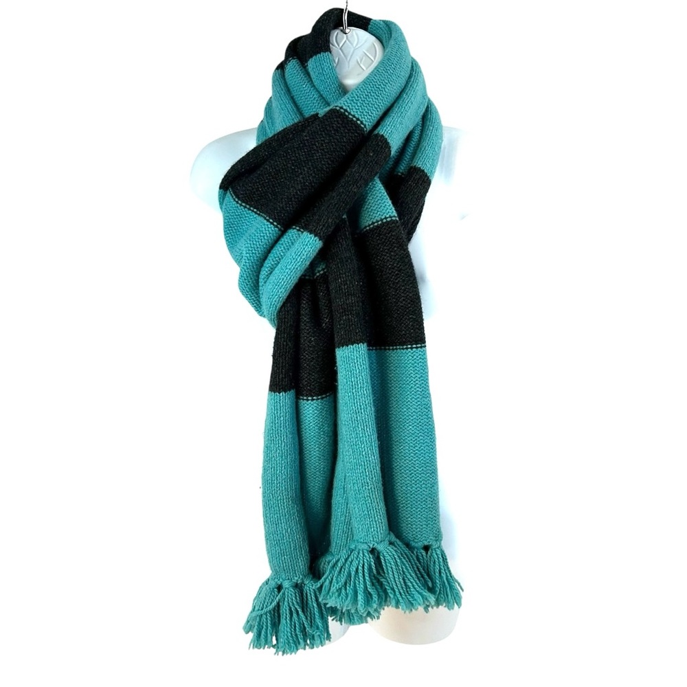 Gap Wool Scarf Shawl Long 90”Turquoise Womens Blue Charcoal Gray Fringe Vintage